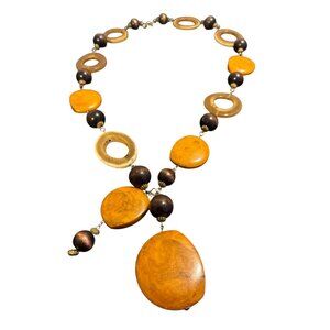 Vintage 1970s Signed Cadoro Statement Necklace Resin Wood Boho Mod Chunky Design